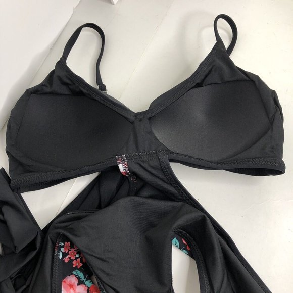 NWT CUPSHE Black Floral Wrap Cutout 1 Piece Bathing Suit Swimsuit Sz S Tie Back - Picture 13 of 14